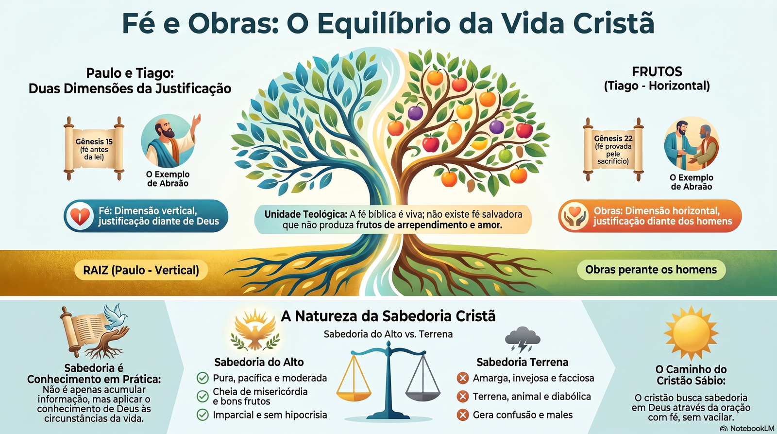 Resumo visual sobre fé, obras e sabedoria na Carta de Tiago
